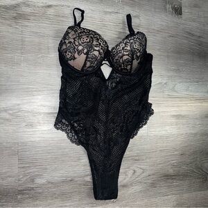 La Senza Bodysuit Lace black and nude pink mesh pattern